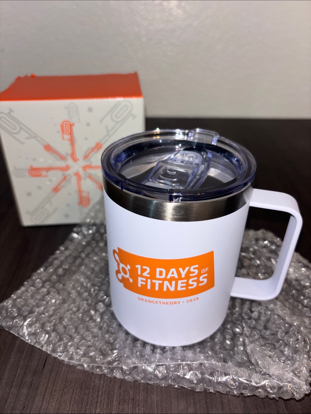 NIB Orange Theory White and Orange Insulated Travel Mug with Clear Lid